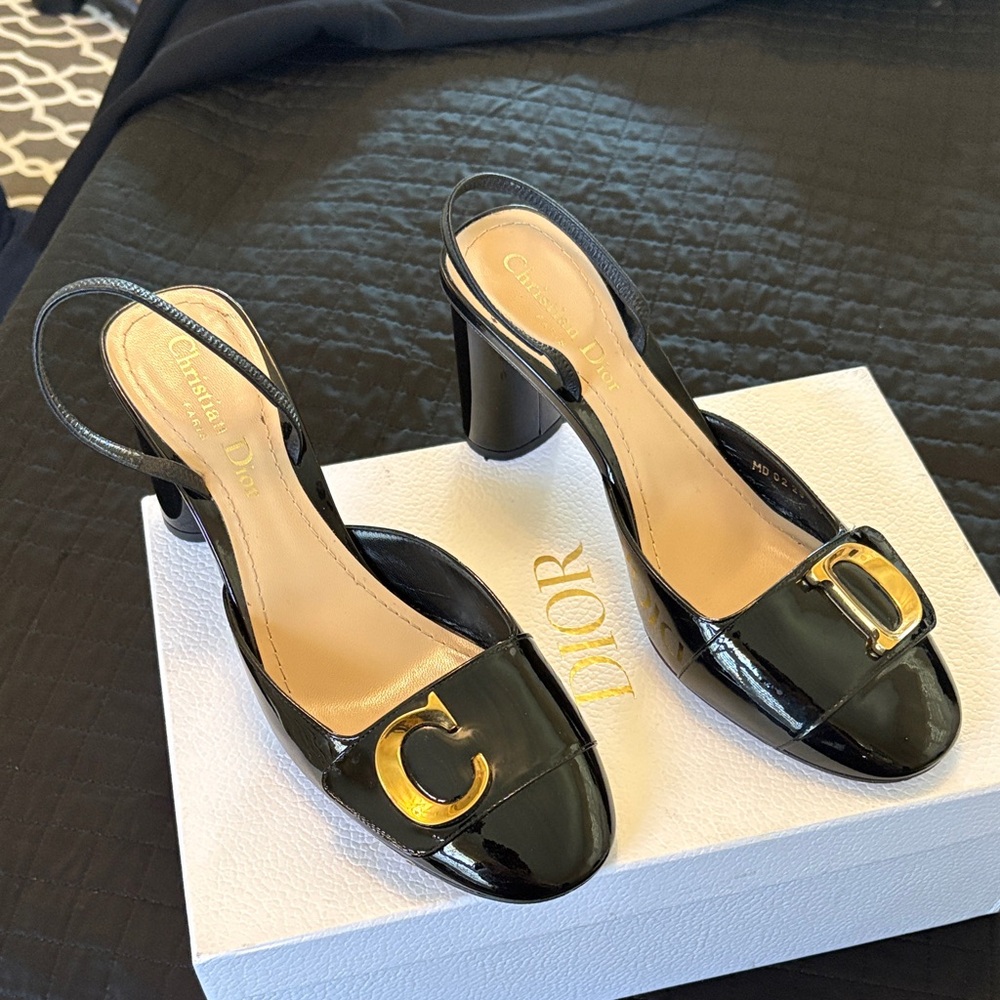 Dior Glossy Black Heels with Gold C D Accents